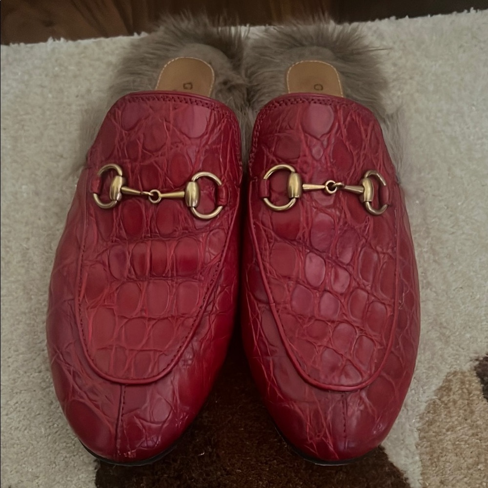 Gucci Red and Gold Mules with Crocodile Embossed Leather
